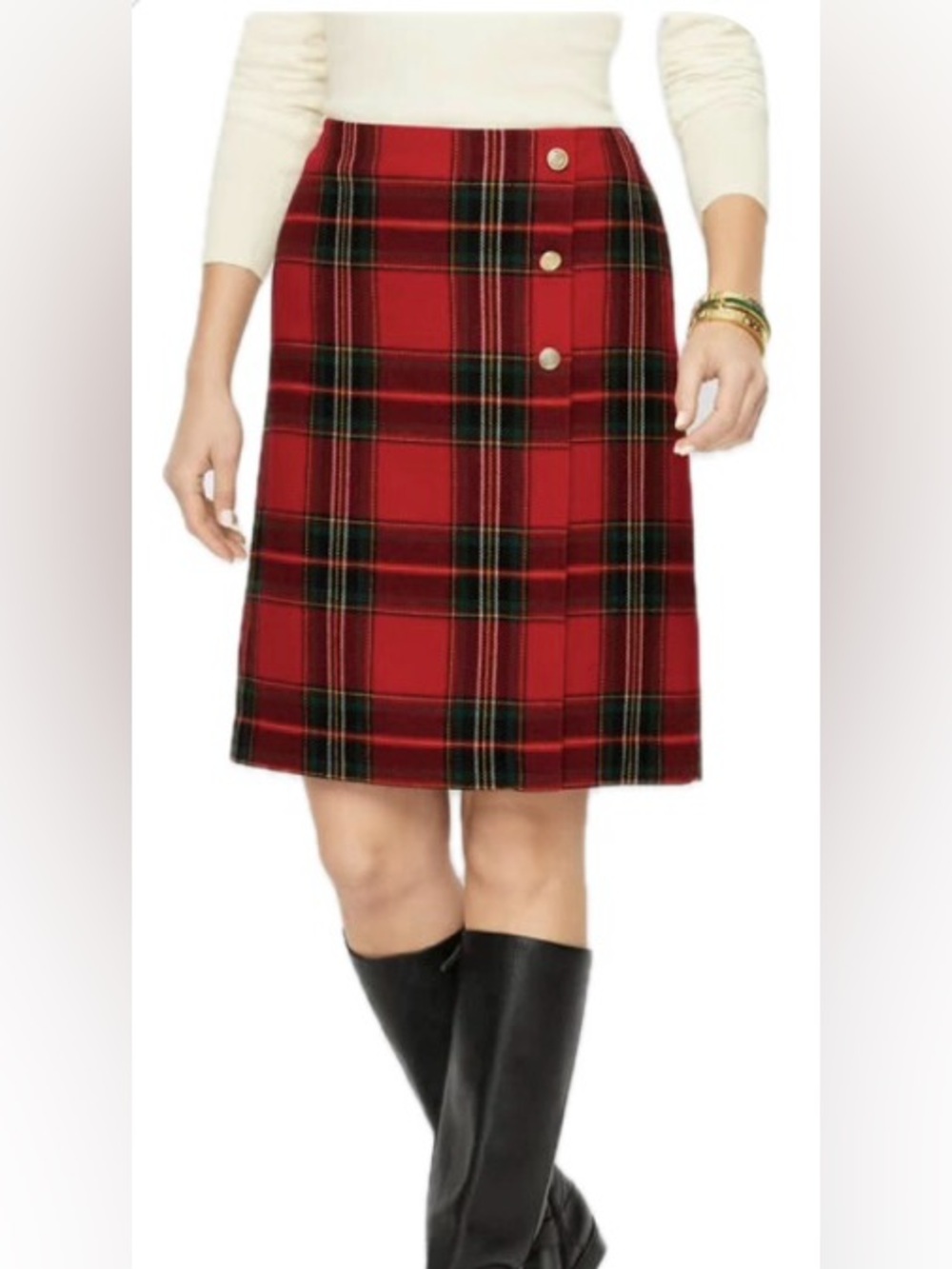 Talbots 10P red plaid A-line skirt featuring decorative gold-tone crest buttons
